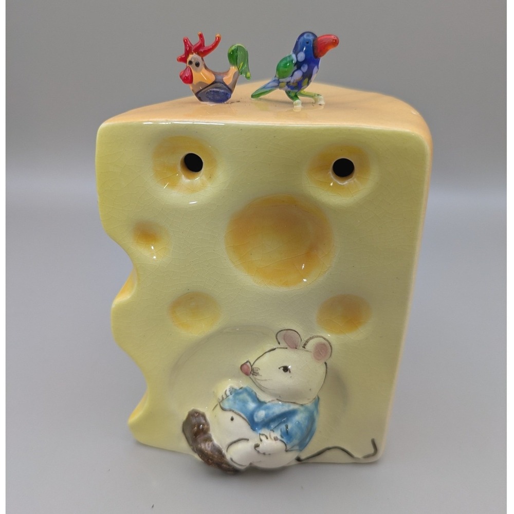 Vintage Ceramic Parmesan Cheese Shaker with Mouse and Glass Birds Whimsical Cute